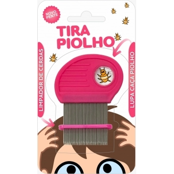 PENTE DE AÇO PIOLHO ROSA C/ LUPA E LIMPA CERDAS