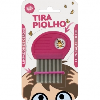 PENTE DE AÇO PIOLHO ROSA C/ LUPA E LIMPA CERDAS